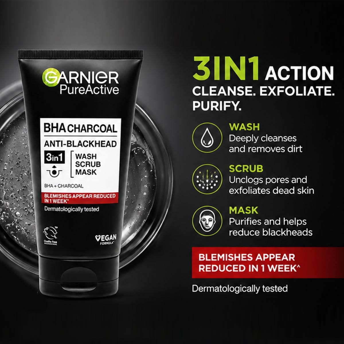 Garnier Pure Active 3 in 1 BHA Charcoal Anti-Blackhead